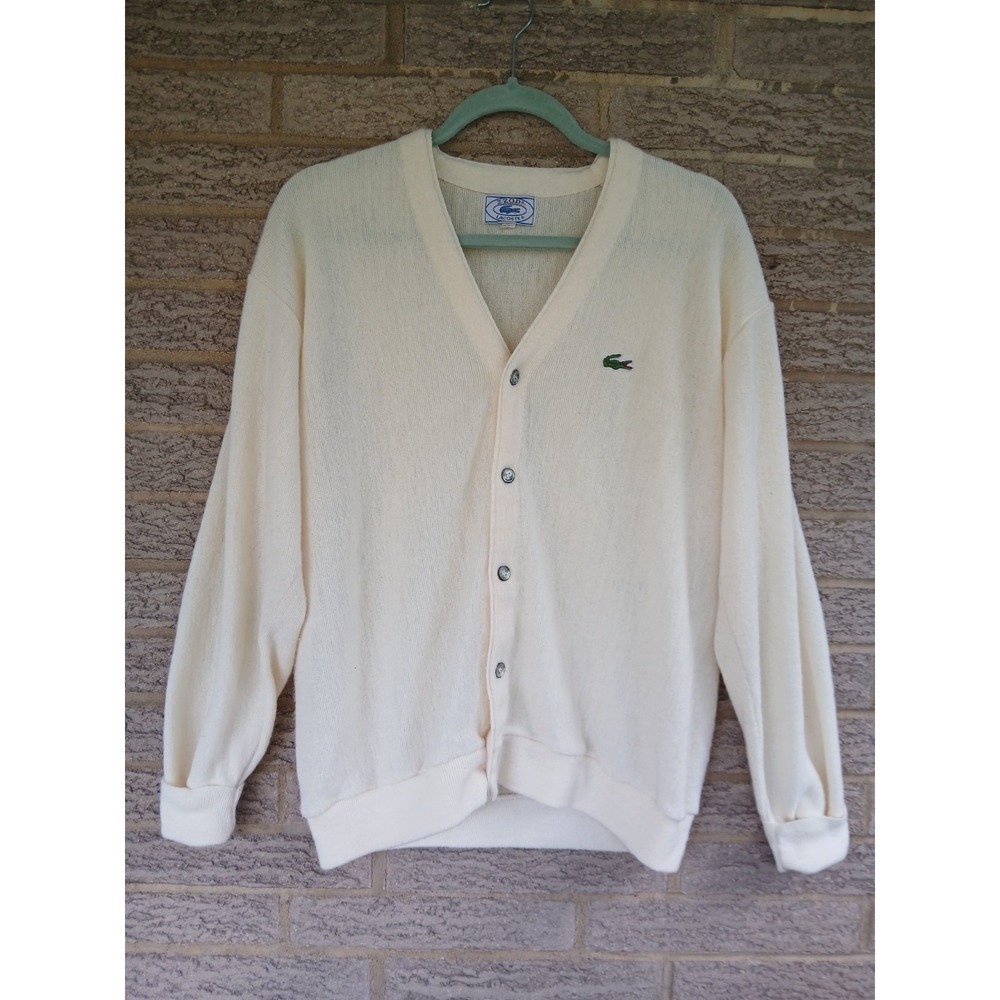 Vintage Izod Lacoste Men's Pale Yellow Cardigan Sweater Sz L Preppy Union Made